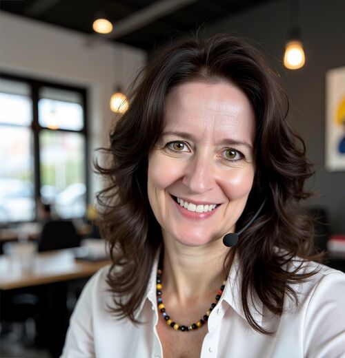 Nicole Angela Buck mit Headset – Symbol für persönliche und professionelle Kundenkommunikation am TelefonFrau mit Headset – Symbol für persönliche und professionelle Kundenkommunikation am Telefon